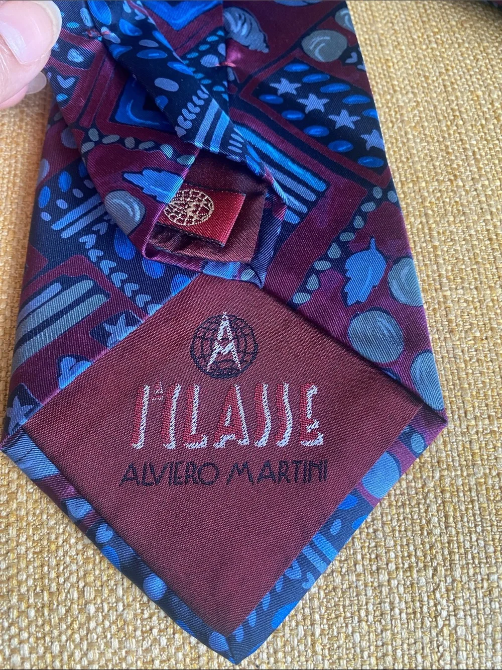 Alviero Martini Men's Silk Geometric Tie Blue & Burgundy Italy